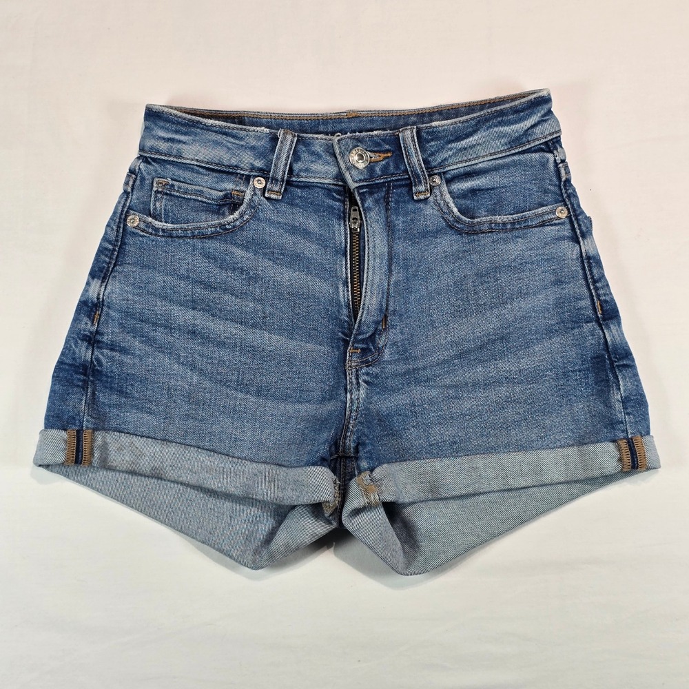 American Eagle Mom Shorts Mens Blue Denim High Waisted Cuffed Size 00 Stretch